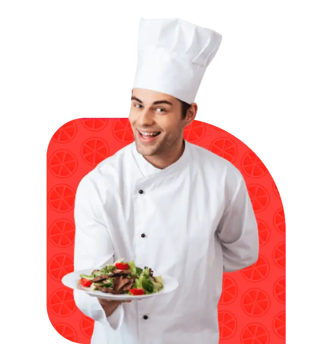 An image of a chef presenting a freshly baked dish.